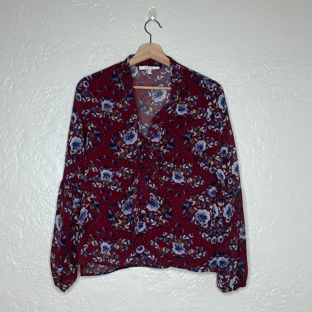 WAYF Women’s Burgundy Red Floral Tie V-Neck Balloon Sleeve Blouse Size XS‎